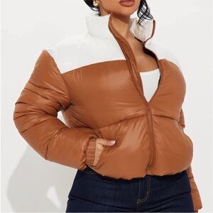Fashion Nova Brown and White Puffer Jacket